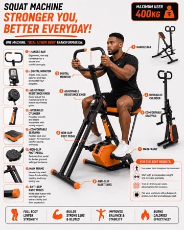 Infographic titled Squat Machine: Stronger You, Better Everyday. A man uses the machine with its eight numbered parts labelled: handle bar, digital monitor, adjustable resistance knob, hydraulic cylinder, comfortable seat, non-slip foot pedal, main frame and anti-slip base tubes